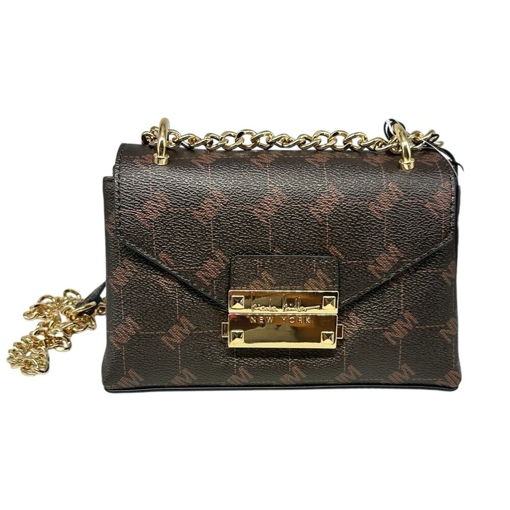 NWT Nicole Miller Signature Logo Crossbody Handbag Brown Gold Tone Chain Accents